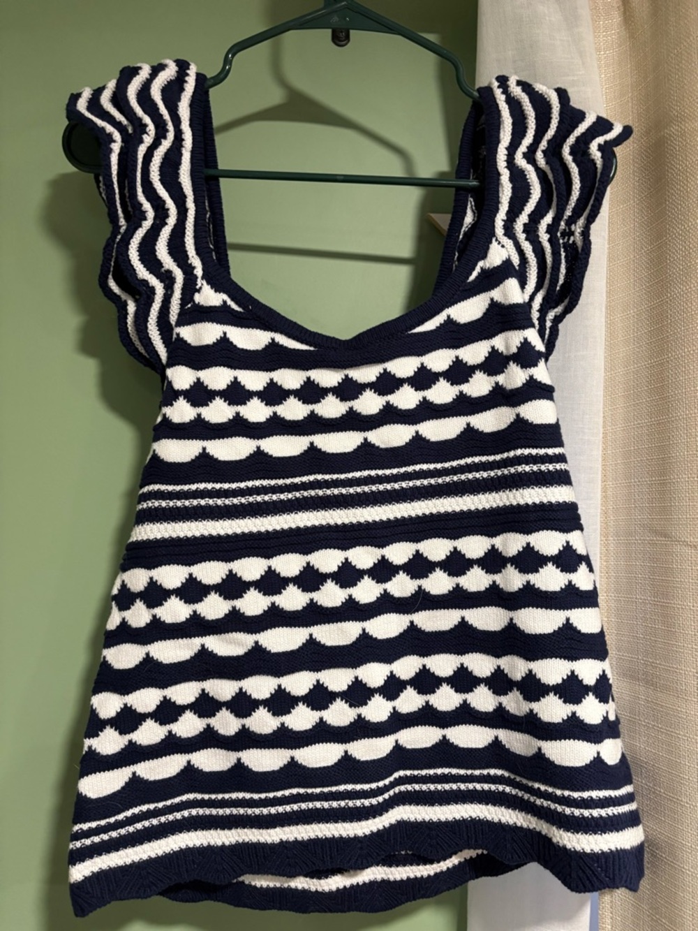Navy and White Striped Knit Ruffle Sleeve Top